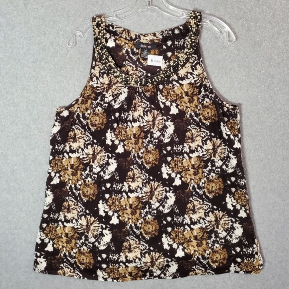 Style & Co Women Top 14 Brown Floral Tank Sleeveless Beaded Details Pullover
